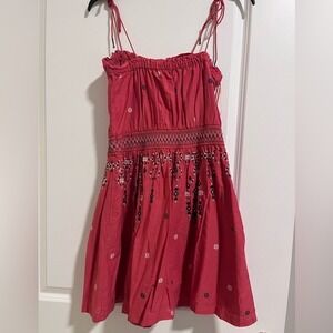 Abercrombie & Fitch Pink Embroidered Smocked Mini Dress Tie Strap Womens M